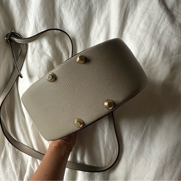 Round Leather Purse | Taupe Leather with Gold Hardware Crossbody Purse - Picture 5 of 5